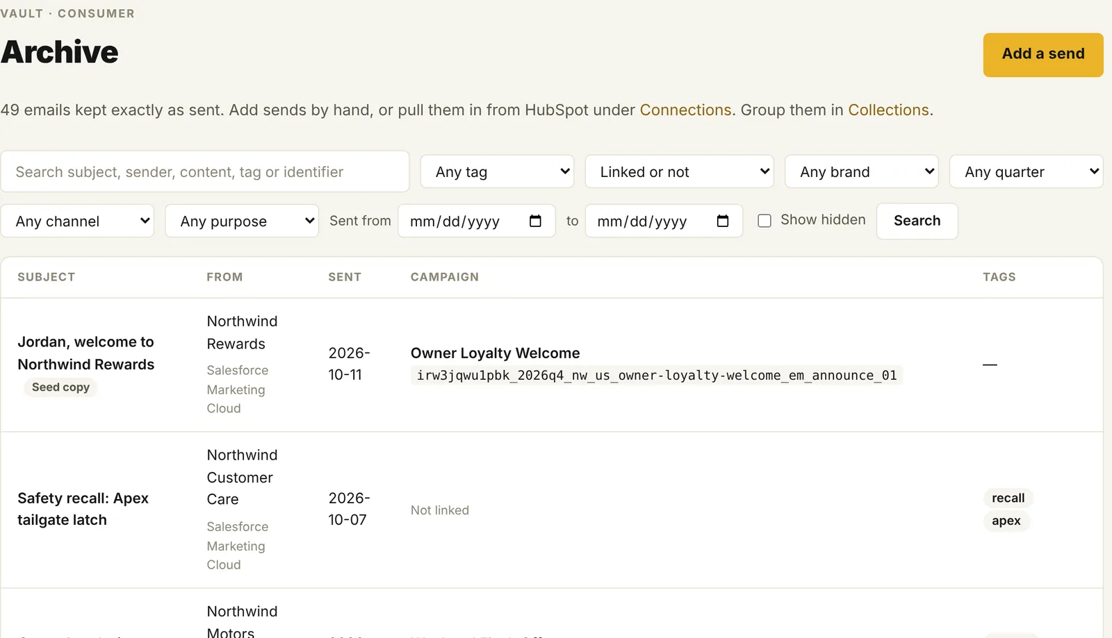 The Etch.Vault archive: every email kept and searchable by subject, words, tag or identifier and linked to its campaign